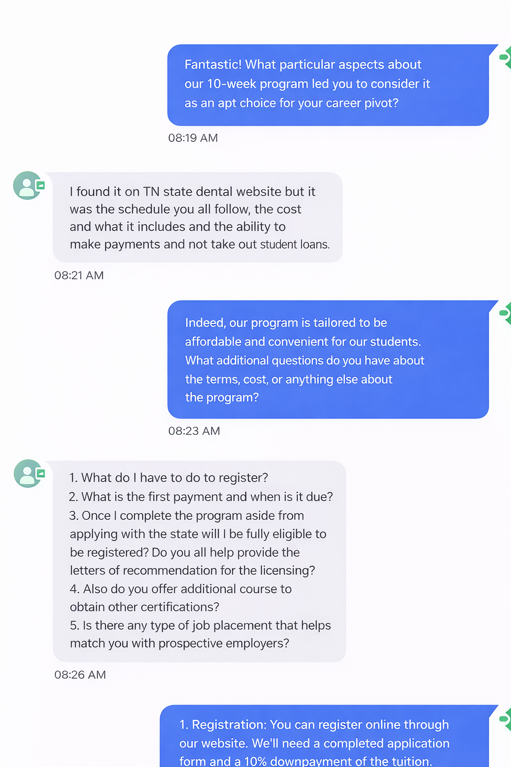 AI enrollment officer conversation showing a deeply engaged student asking five specific questions about registration, payments, licensing, certifications, and job placement after finding the school on the TN state dental website